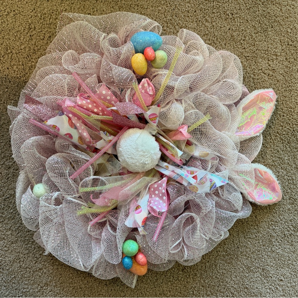 Easter Bunny Mesh Wreath with Pastel Accents